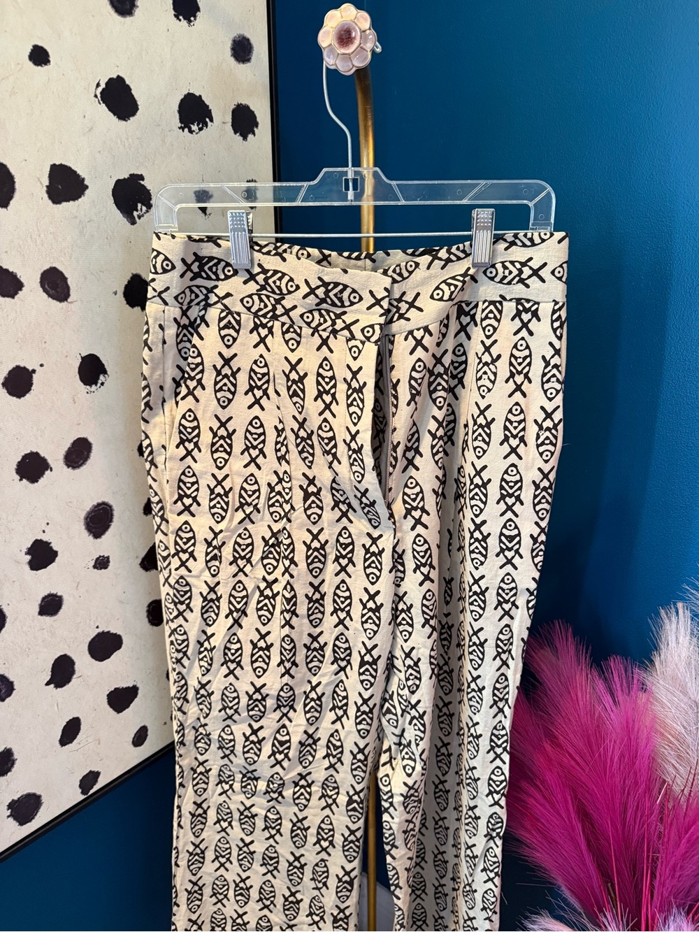 Patterned Cream & Black Mid-Rise Trousers